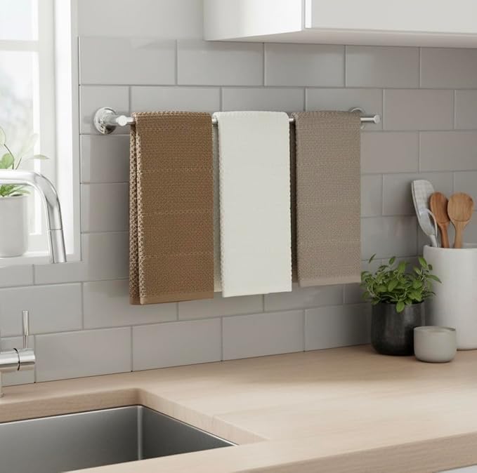 Beige White Brown Taupe Kitchen Hand Dish Towels: Oversized 28" x 18",100% Cotton Cloth Soft Cleaning Drying Absorbent Textured Design, Set of 3 Multipurpose for Everyday Use (Neutral Collection)