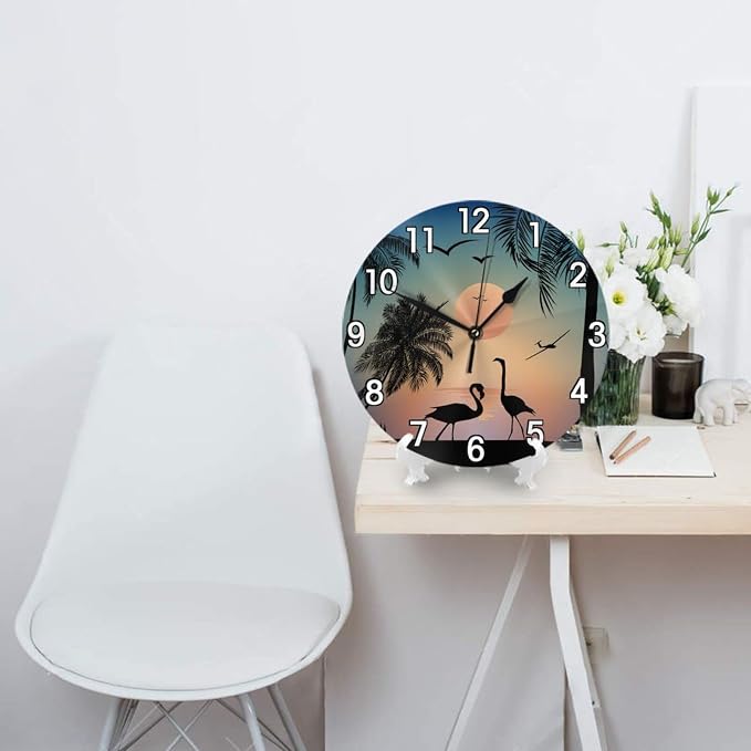 Flamingos Walking On The Sea Beach Wall Clock Battery Operated Silent Non Ticking Round Clock Wall Decor for Home Kitchen Living Room 9.8 Inch