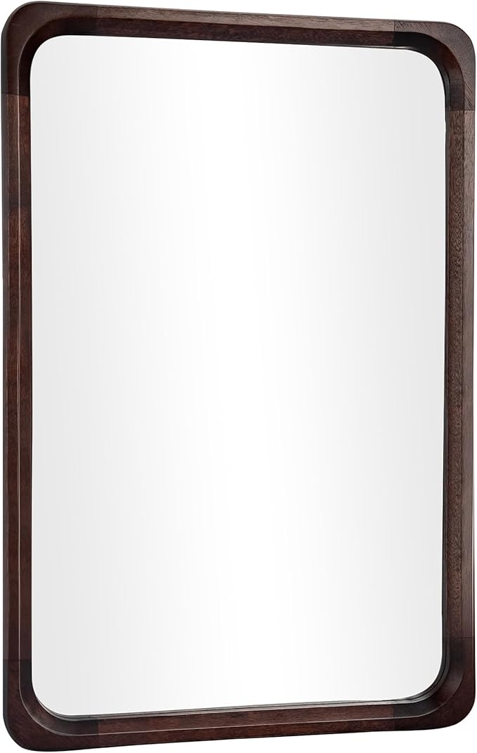 Tanmicoshomy Wood Bathroom Mirror 20 x 30 Inch, Solid Wood Framed Rectangle Mirrors with Tempered Glass for Living Room Bedroom or Entryway(Dark Brown)
