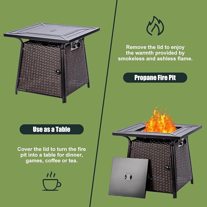 OutVue 28 inch Wicker Propane Fire Pit Table,Gas Fire Pits Table for Outside,50000 BTU Propane Firepit with Lid &Lava Rocks,Gas Firepit for Garden,Yard (Brown Rattan)