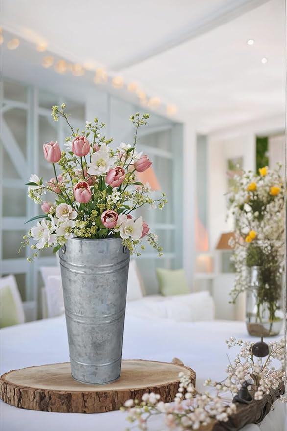 9 Inch Galvanized Metal Vases for Flowers - 2 Pcs Farmhouse Decorative Tall Flower Bucket with Handles, Rustic French Tin Planter Buckets for Wedding Decor (Silver)