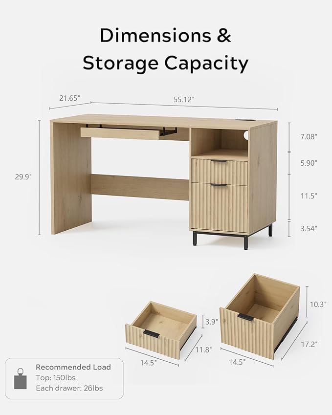 Fluted Executive Desk, 55" Modern Wood Home Office Desk with Charging Station, File Drawer, Open Storage, Computer Writing Desk for Work Study Writing, Light Oak