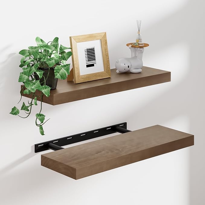 Heimlove Solid Wood Floating Shelves 24 inch, 8 Inch Deep Display Shelves Set of 2, Wall Mounted Floating Shelf with Invisible Brackets for Bathroom Bedroom Kitchen Living Room - American Walnut