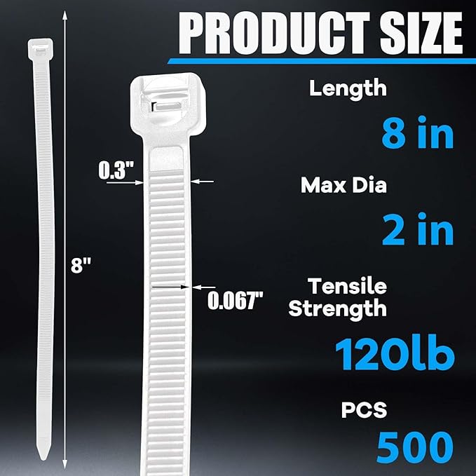 Reallnaive 500 Pcs 8 Inch Zip Ties Heavy Duty 120 Lbs Tensile Strength White Nylon Wire Cable Ties Bulk for Indoor Outdoor