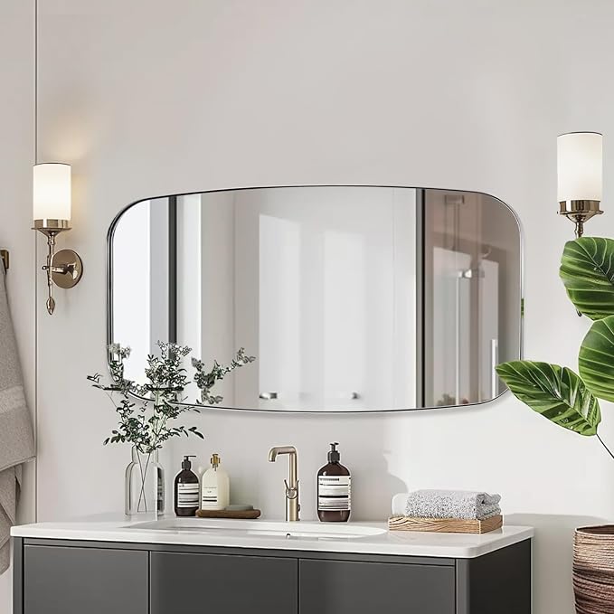 ANDY STAR 24x48 Chrome Bathroom Mirror, Oblong Silver Mirror with Stainless Steel Metal Frame, Oval Vanity Mirror for Over Sink, Modern Anti Rust Wall Mounted