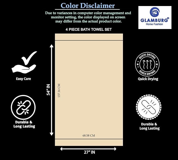 GLAMBURG Premium Cotton 4 Pack Bath Towel Set - 100% Pure Cotton - 4 Bath Towels 27x54 - Ideal for Everyday use - Ultra Soft & Highly Absorbent - Yellow