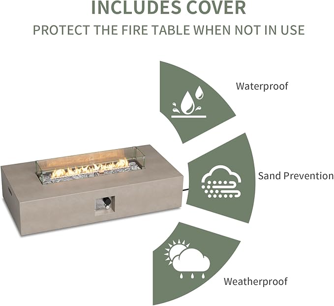 COSIEST Outdoor Propane Fire Pit Table, 56-inch x 28-inch Rectangle Gray Concrete-Like Finish, Certified, 50,000 BTU Stainless Steel Burner w Transparent Gray Fire Glass, Wind Guard, Raincover