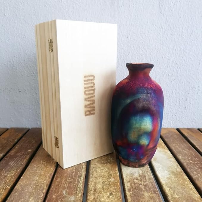 RAAQUU Koban 7 inch Raku Ceramic Pottery Vase with Gift Box Corporate Gift in a Pine Box -Personalized Rustic Boho Handmade Gift in Full Copper Matte