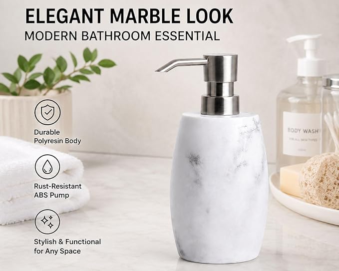 Clasin Home Resin Hand Soap Dispenser, Refillable Soap Dispenser with White Marble Look and Metallic Pump, Waterproof Bottle Labels for Bathroom Kitchen Dish Hand Wash Shower Lotion Shampoo (12 Oz)