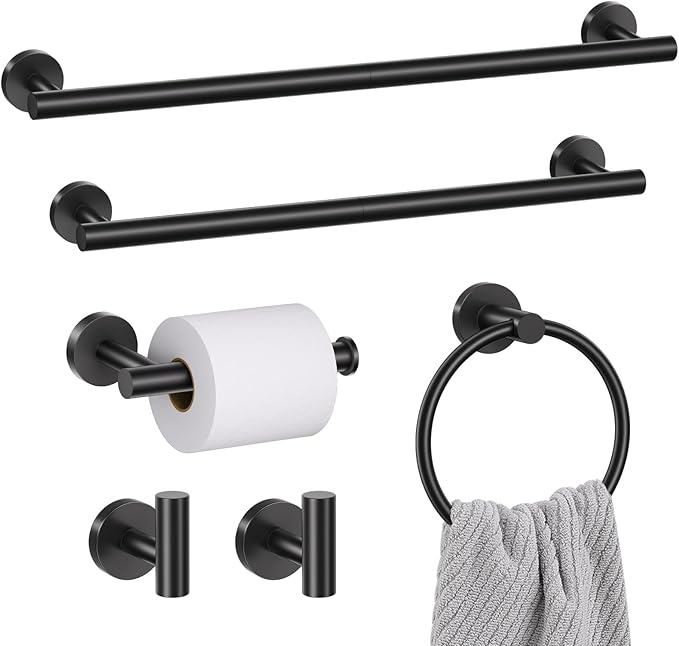 6 Pieces Matte Black Towel Bar Bathroom Hardware Set, 23.6Inch Matte Black Bathroom Accessories Towel Holder Set, SUS304 Stainless Steel Towel Racks for Bathroom