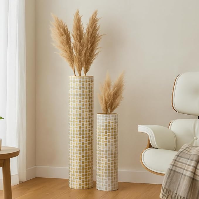 Leewadee Gold Tall Floor Vase, Set of 2 Decorative 24/19″ Large Gold Vases from Metal for Home Decor Living Room, Style with Pampas Grass for Modern, Vintage, Rustic or Farmhouse Room Decor