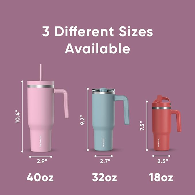 Hydrapeak Voyager 40 Oz Stainless Steel Tumbler with Handle, Insulated Water Bottle With Straw & Lid, Cupholder Friendly Reusable Travel Mug (Fuchsia)