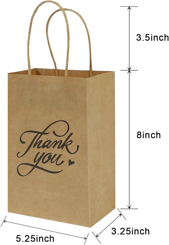 bagmad 100 Pack 5.25x3.25x8 Inch Small Brown Paper Gift Bags with Handles Bulk, Thank You Kraft Paper Bags for Party Favors Grocery Retail Shopping Wedding Craft Cub Sacks (Plain Natural, 100pcs)