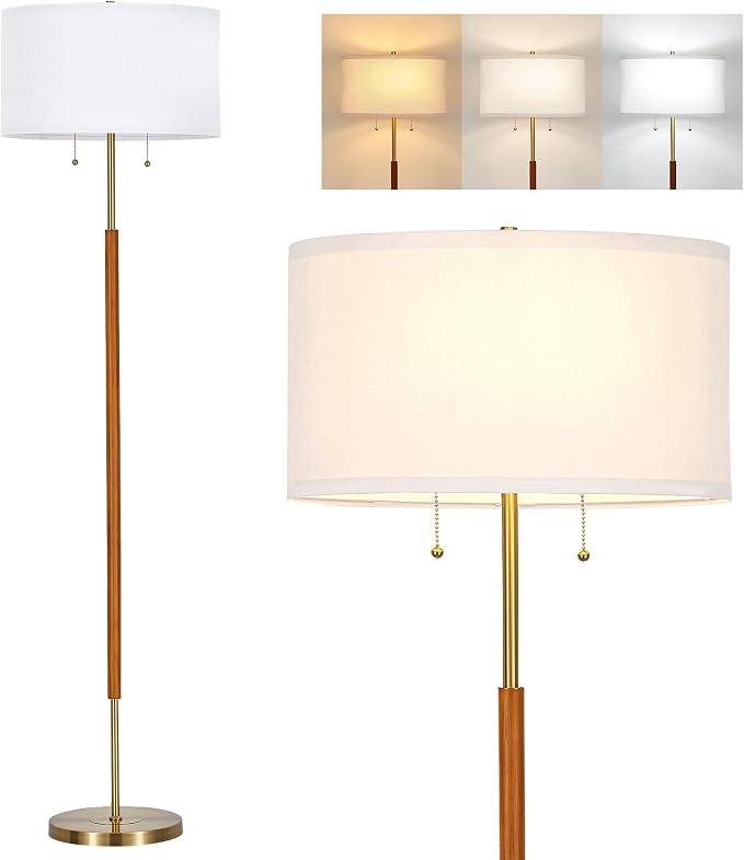 ELYONA Floor Lamp for Bedroom 2-Light Wood Standing Lamp White Fabric Shade Mid Century Modern Tall Pole Corner Light for Living Room Office 3 Color Temperatures 9W LED Bulbs Include, Brushed Brass