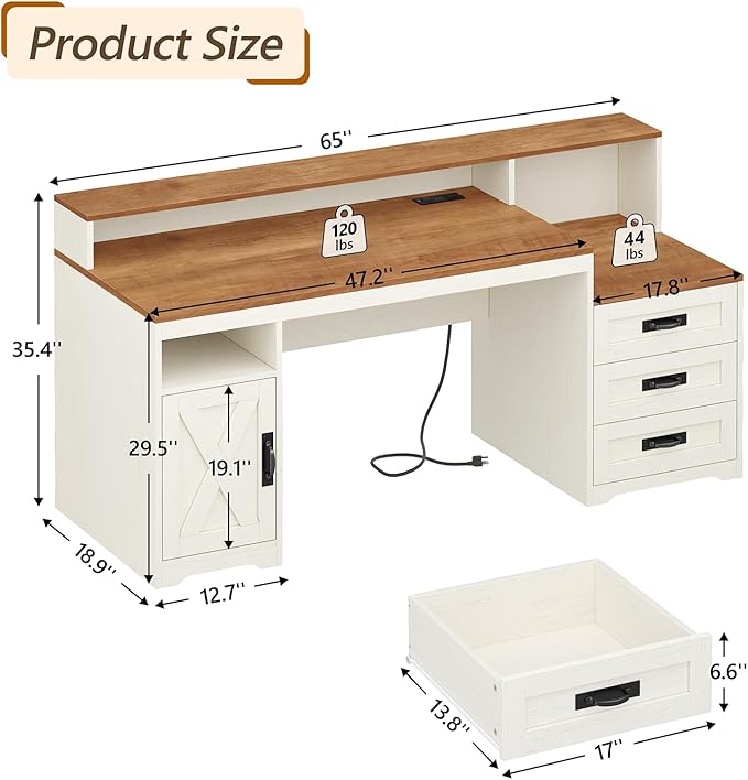 TVU Farmhouse Computer Desk with Drawers, 65'' Home Office Desk with Power Outlets, Storage Cabinet and Printer Stand, Study Writing Desks with Long Monitor Stand, White