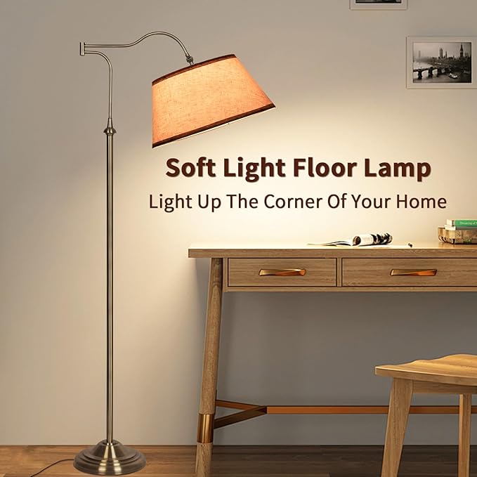 HonoDing Swing Arm Floor Lamp, Arc Floor Lamps with 180° Adjustable Cantilever for Living Room, Mid Century Standing Lamp with Linen Shade, Tall Lamps for Bedroom Living Room Office (Antique Brass)