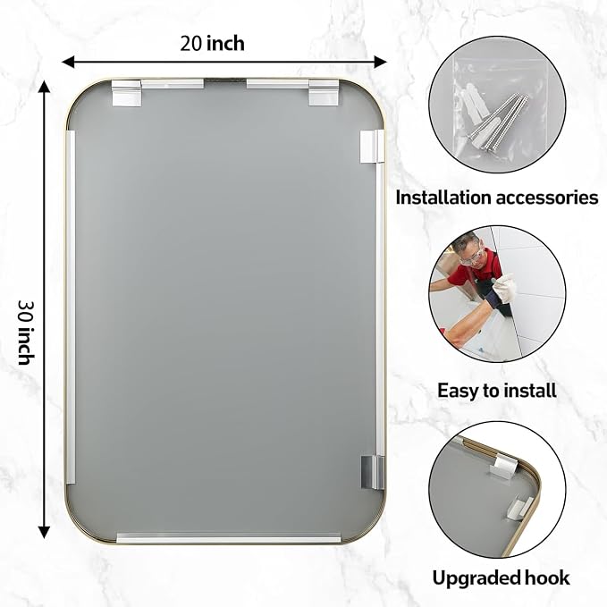 20x30 Inch Gold Bathroom Mirror, Brushed Gold Metal Framed Rectangular Mirror with Rounded Corner, Bathroom Vanity Mirror for Bedroom or Living Room, Horizontal/Vertical