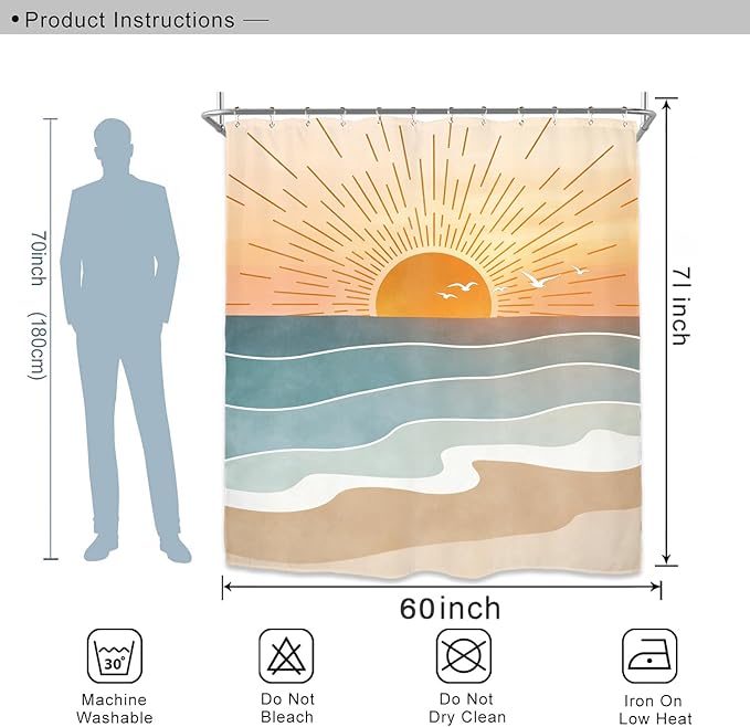 Miyotaa Abstract Orange Sun Minimalist Shower Curtain Set 60Wx71H Inches Beach Sunrise Sunset Aesthetic Coastal Teal Turqoise Aqua Polyester Waterproof Cloth Bathroom Curtain with 12 Hooks