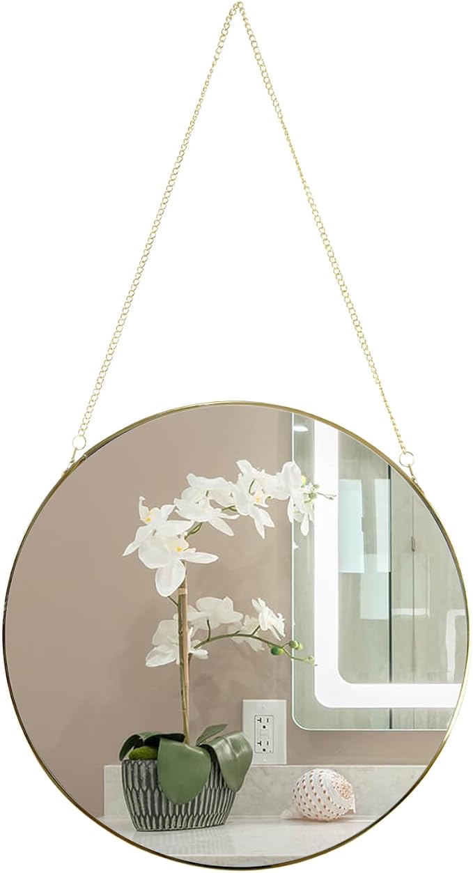 11.8-inch Modern Round Wall Mirror with Metal Frame and Hanging Chain, Suitable for Entryway, Hallway, or Bathroom Small Gold Metal Frame Mirror (Gold, 11.8 inch)