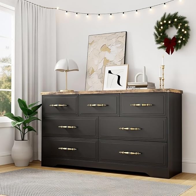 SIDUCAL Black Dresser for Bedroom, 7 Drawer Dresser with Vintage Handles, 59" Wide Wooden Vintage Dressers, TV Stand, Modern Dressers & Chests of Drawers for Hallyway, Entryway