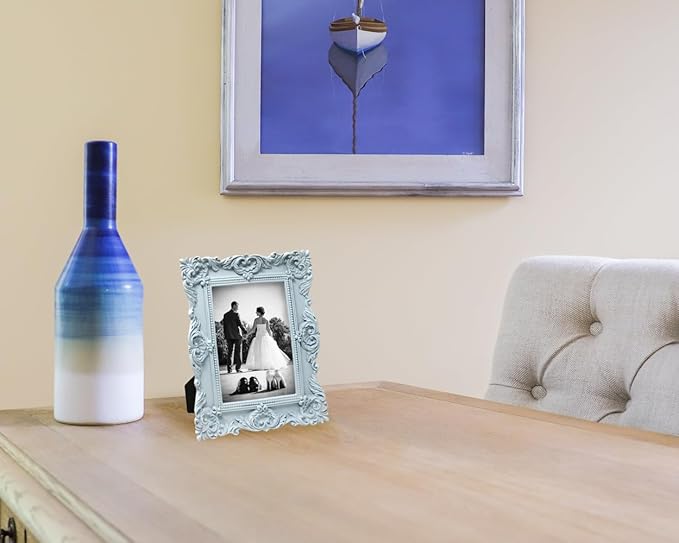 Laura Ashley 4x6 Powder Blue Ornate Textured Hand-Crafted Resin Picture Frame w/Easel & Hook for Tabletop & Wall Display, Decorative Floral Design Home Décor, Photo Gallery, Art (4x6, Powder Blue)