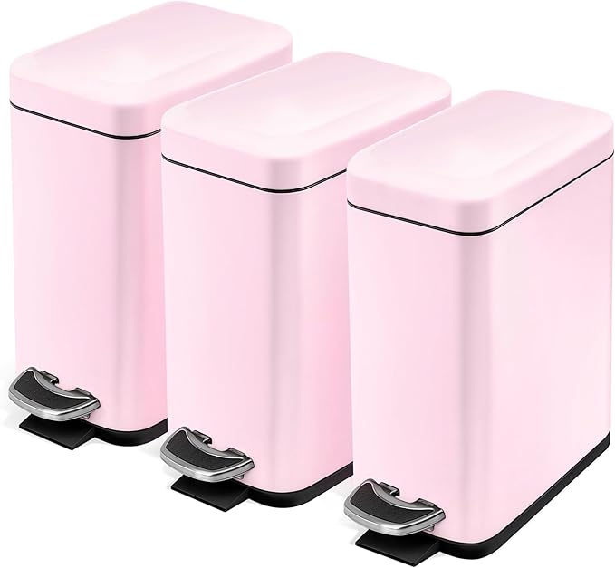 Home Zone Living 3-Pack 1.3 Gallon Small Pink Bathroom Trash Can with Lid and Step Pedal, Stainless Steel Wastebasket with Slim Design for Home and Office, 5 Liters