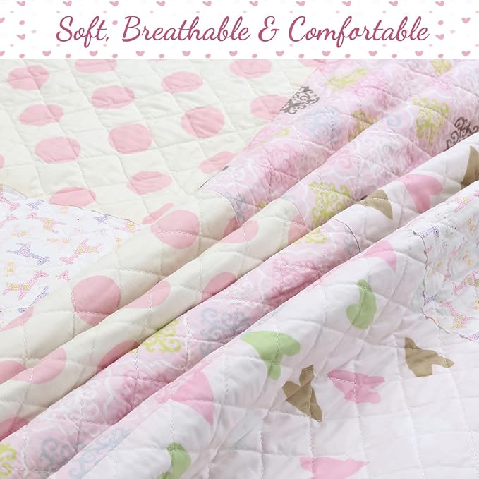 Cozy Line Home Fashions Pink Blue Green Heart Polka Dots Girl 100% Cotton Reversible Quilt Bedding Set, All-Season Coverlet, Bedspreads (Helaine Patchwork, Twin-2 Piece)