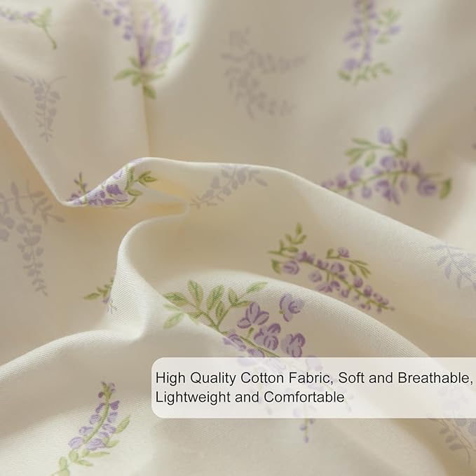 EAVD Lavender Floral Duvet Cover Queen Soft 100% Cotton Chic Lilac Floral Bedding Set with 2 Pillowcases Fresh Garden Botanical Duvet Cover with Zipper Closure