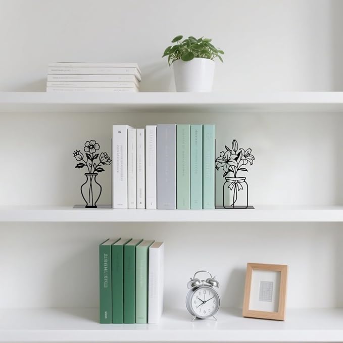 Metal Flower Book Ends Flower Vase Bookends Decorative Book Ends for Shelves Bookshelf Home Office Desk Bookshelf Decor Gift for Reading Enthusiasts