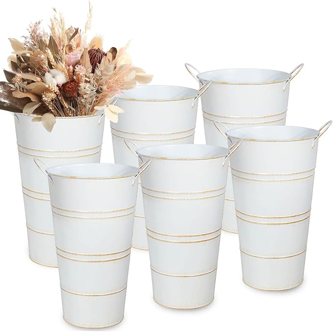 12 Inch Galvanized Metal Vases for Flowers - 6 Pcs Farmhouse Decorative Tall Flower Bucket with Handles, Rustic French Tin Planter Buckets for Wedding Decor (White)