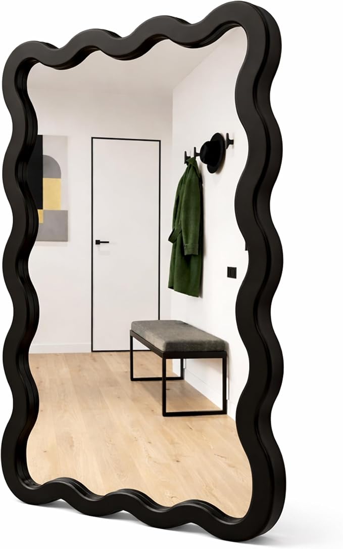 24"x36" Matte Black Wavy Wall Mirror for Bathroom Vanity, Large Solid Wood Asymmetrical Mirror, Irregular Squiggle Mirror for Bedroom, Modern Funky Aesthetic Decor