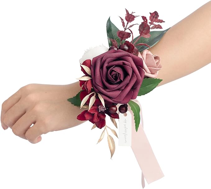 Ling's moment 2pcs Prom Wrist Corsage Artificial Flowers, Girl/Mother Corsages Wristlet Décor for Homecoming/Wedding/Anniversary, etc. Bungundy