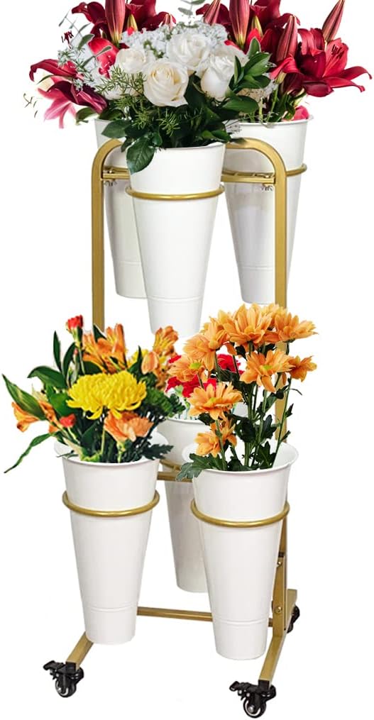 ARTLINE Rolling Display Stand with 6 Buckets for Cut Flowers, Heavy Duty Plant Stand on Wheels, Indoor Outdoor Gold Flower Cart Shelf for Florist, Garden, Patio (White Bucket)