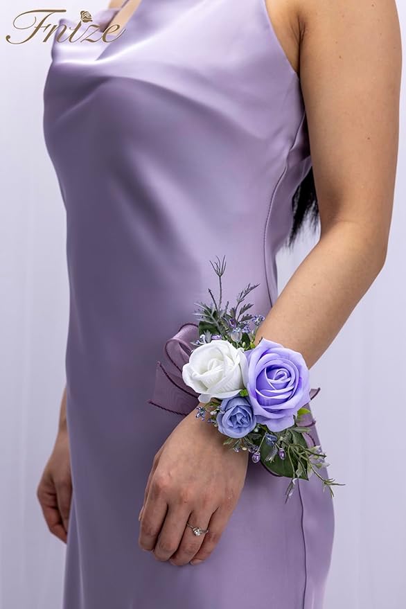 Fnize Purple Corsage and Boutonniere Set for Bride Groom Bridesmaids Groomsmen Wedding Homecoming Flowers Prom Suit Accessories, Rose Boutonniere and Wrist Corsage Flower