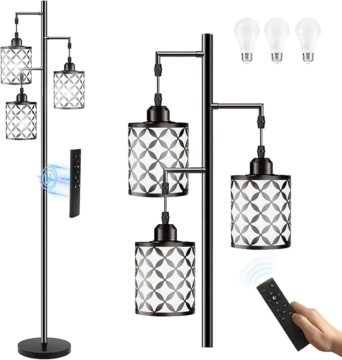 Dimmable Floor Lamp, Farmhouse Standing Lamp with Elegant Metal Cage, Industrial Tall Tree Floor Lamps for Living Room, Bedroom, Study Room, Office, 3 x 1100LM LED Bulbs Included, 72",Black