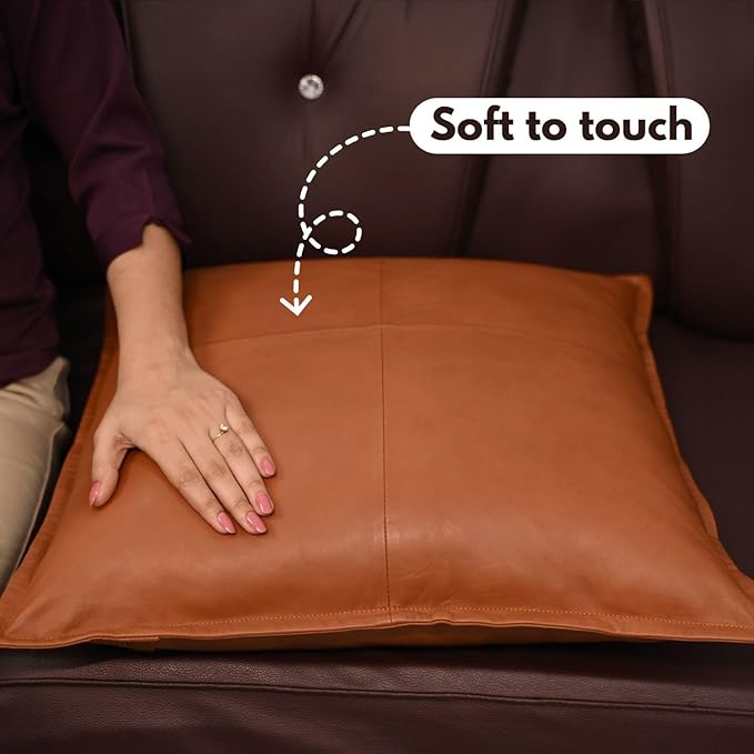 D DOLLY LAMB Lambskin Leather Pillow Cover - Sofa Cushion Case - Decorative Throw Covers for Living Room & Bedroom, 14x14 Inches - Camel Antique Box