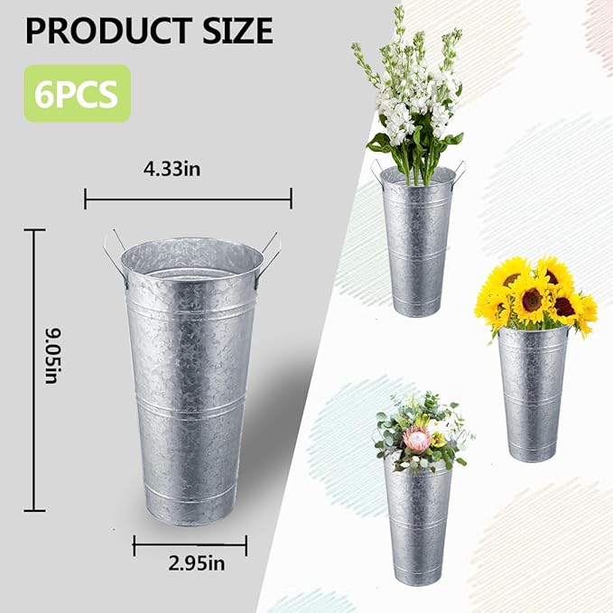 6 Pack Galvanized Metal Vases 9 Inch Flower Buckets Bulk Farmhouse French Flowers Bucket Metal Vase Decor for Home Decor and Wedding Table Centerpiece Decorations (Silver)