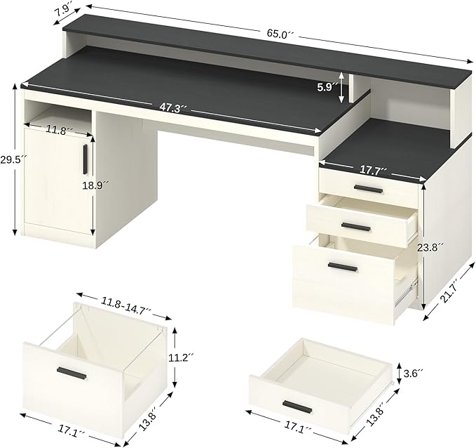 65 Inch Computer Desk with 3 Drawers & Storage Shelves, Executive Desk with File Drawer & Cabinet, Home Office Desk with Long Monitor Stand & Printer Shelf, Black & White