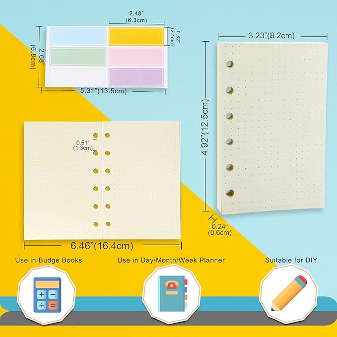 A7 Planner Refill,4 Pcs per Set, Dot Mattrix Paper, with Label Stickers Gift,Mini Binder Refills for 6 Ring Mini Planners,6 hole/100gsm Thick Paper/4.84 x 3.23'', Harphia