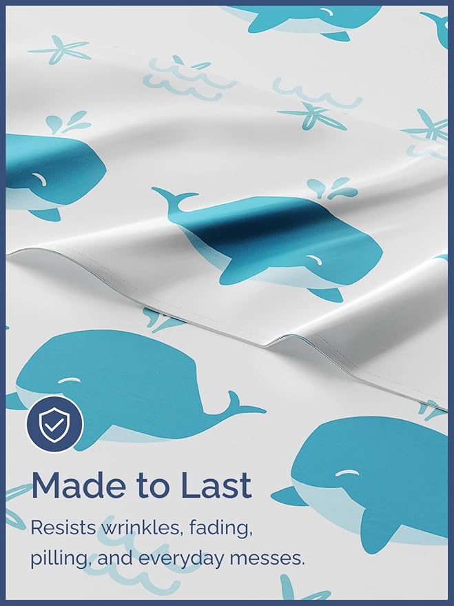 Kids Whales Full 4 Piece Sheet Set - Boys, Girls, Teens, Toddler - Easy Fit Deep Pockets - Breathable, Hotel Quality Bedding Sheets - Machine Washable - Wrinkle Free - Cute, Cozy, Soft - CGK Linens