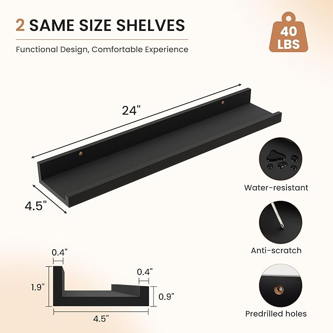 Dreamland Picture Ledge Shelf for Wall, Floating Shelves Set of 2, 24 Inch Long Floating Shelves with Lip for Living Room, Bedroom, Bathroom, Kitchen, Black