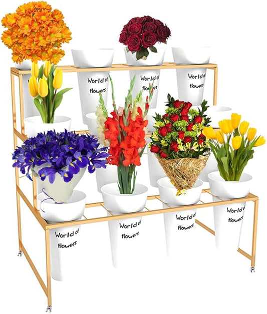 Flower Display Stand with 12pcs Bucket,Heavy Duty Plant Stand with Wheels,33in Tall Flower Cart 3 Tier Flower Shelf for Florist Garden Patio (Gold+White Pot)