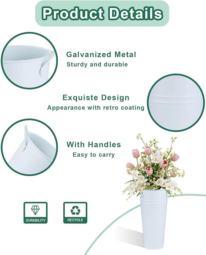 9 Inch Galvanized Metal Vases for Flowers - 2 Pcs Farmhouse Decorative Tall Flower Bucket with Handles, Rustic French Tin Planter Buckets for Wedding Decor (Pure White)