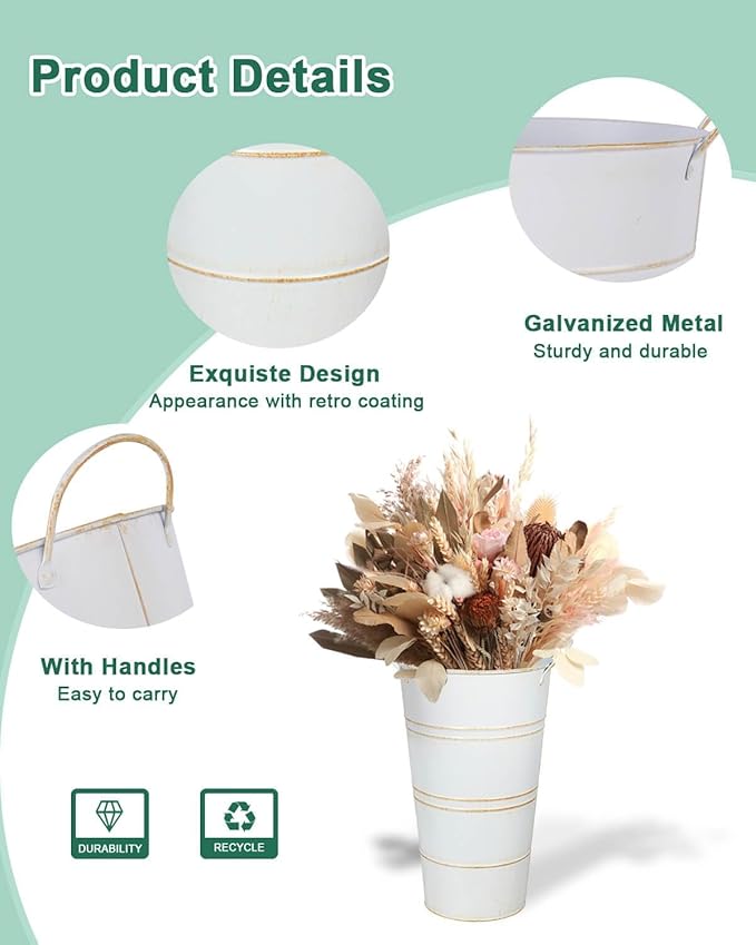 vensovo 12 Inch Galvanized Metal Vases for Flowers - 2 Pcs Farmhouse Decorative Tall Flower Bucket with Handles, Rustic French Tin Planter Buckets for Wedding Decor (White)