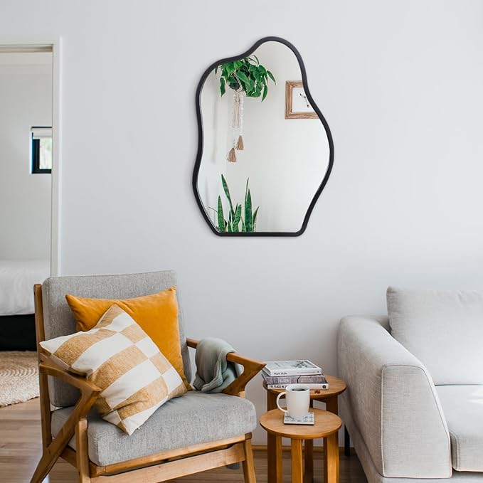Irregular Mirror for Wall Decor Asymmetrical Wooden Framed Wall Mirror Modern Unique Shape Vanity Artistic Cloud Mirror Decorative for Living Room Bedroom Bathroom Entryway Black