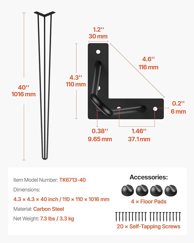 VEVOR Hairpin Table Legs 40" Black Set of 4 Desk Legs 880lbs Total Load Capacity Hairpin Desk Legs 3 Rods for Bench Desk Dining End Table Chairs Carbon Steel DIY Heavy Duty Furniture Legs