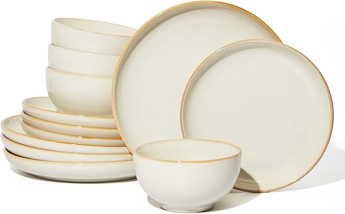 Pokini Stoneware Dinnerware Sets, Ceramic Plates and Bowls Set, Microwave & Dishwasher Safe Kitchen Dishes, Modern Dinner Salad Plates | Cereal Bowls, Dishware Sets Service for 4 Yellow White