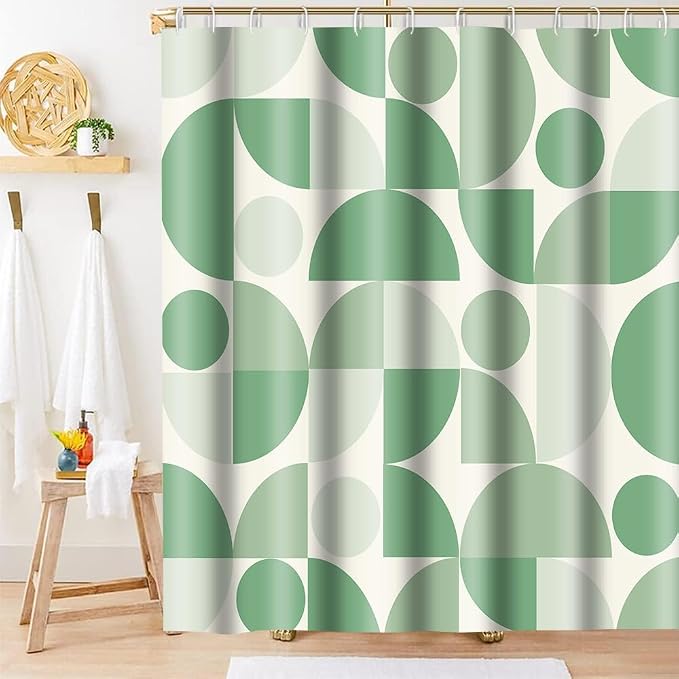 Vintage Green Mid Century Modern Shower Curtain Boho Abstract Geometric Art Shower Curtains for Bathroom Decor 72x72 Inch Colorful Unique Pattern Washable Fabric Bathroom Set with 12 Hooks