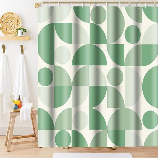 Vintage Green Mid Century Modern Shower Curtain Boho Abstract Geometric Art Shower Curtains for Bathroom Decor 72x72 Inch Colorful Unique Pattern Washable Fabric Bathroom Set with 12 Hooks