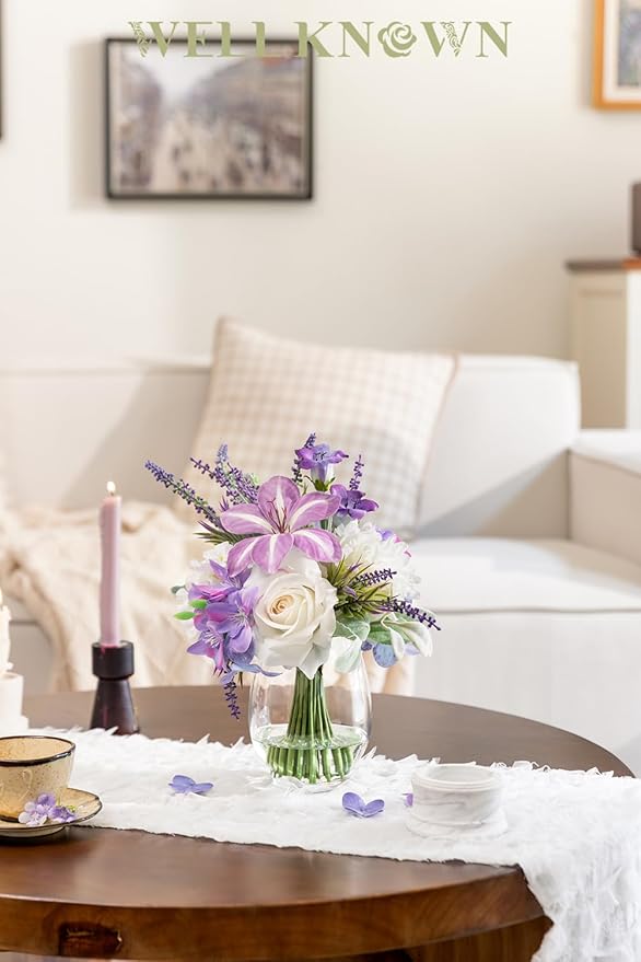 WELL KNOWN Fake Flowers in Vase Artificial Flowers with Fake Water, Real Touch Faux Silk Rose & Blooming Tulips Spring Flower with Lavender Arrangements for Table Decor (White Purple)